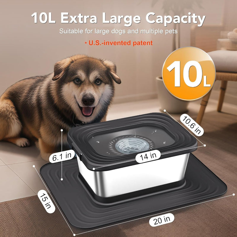 10L Stainless Steel Dog Water Bowl, No Spill Anti-Splash Dog Bowls with XXL Silicone Mat, Spill-Proof Slow Feeder for Messy Drinkers, Heavy Duty Pet Bowls for Indoor/Outdoor Use Black